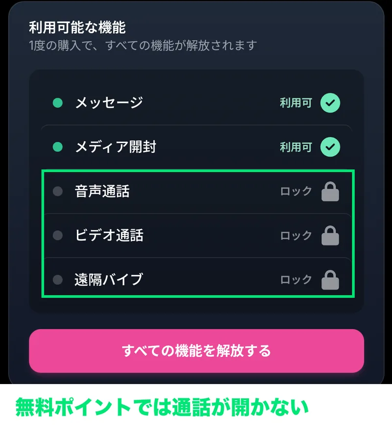 HANABIの利用可能な機能。音声通話・ビデオ通話・遠隔バイブはロック