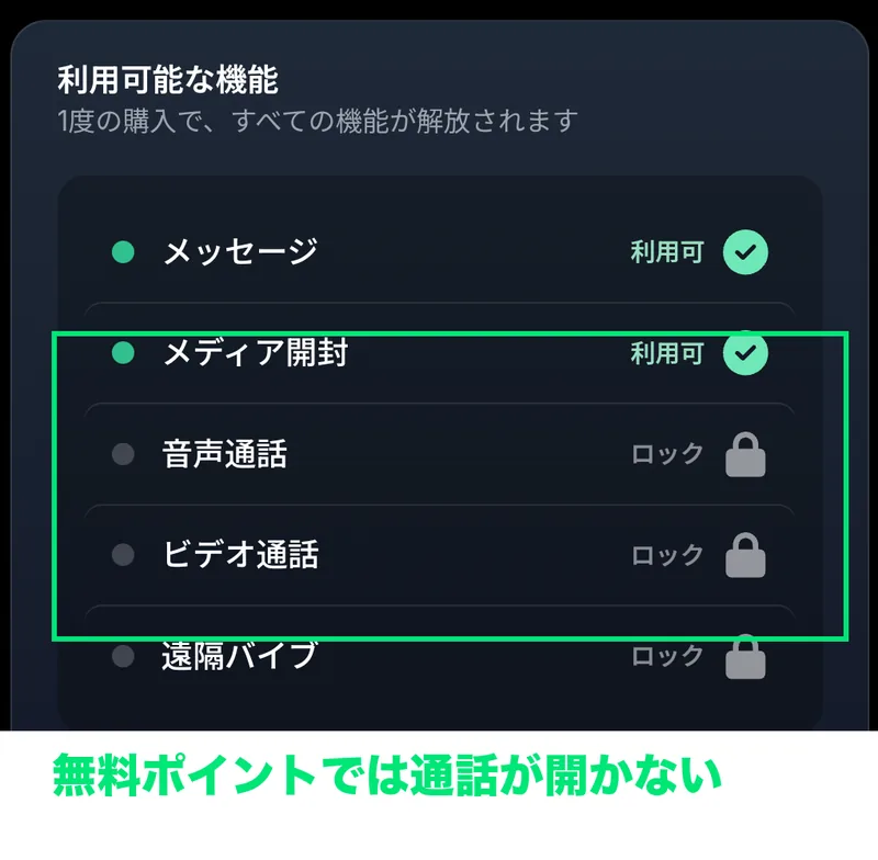 SANDの利用可能な機能。メッセージとメディア開封は利用可、音声通話・ビデオ通話・遠隔バイブはロック