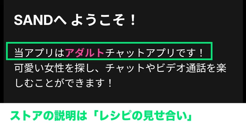 SANDを開いた最初の案内。「当アプリはアダルトチャットアプリです」と表示される